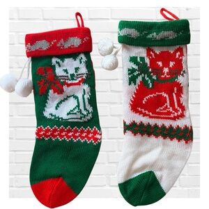 Vintage 80’s Cat Christmas Stockings Red & Green Knit Retro Kitty Cat Festive